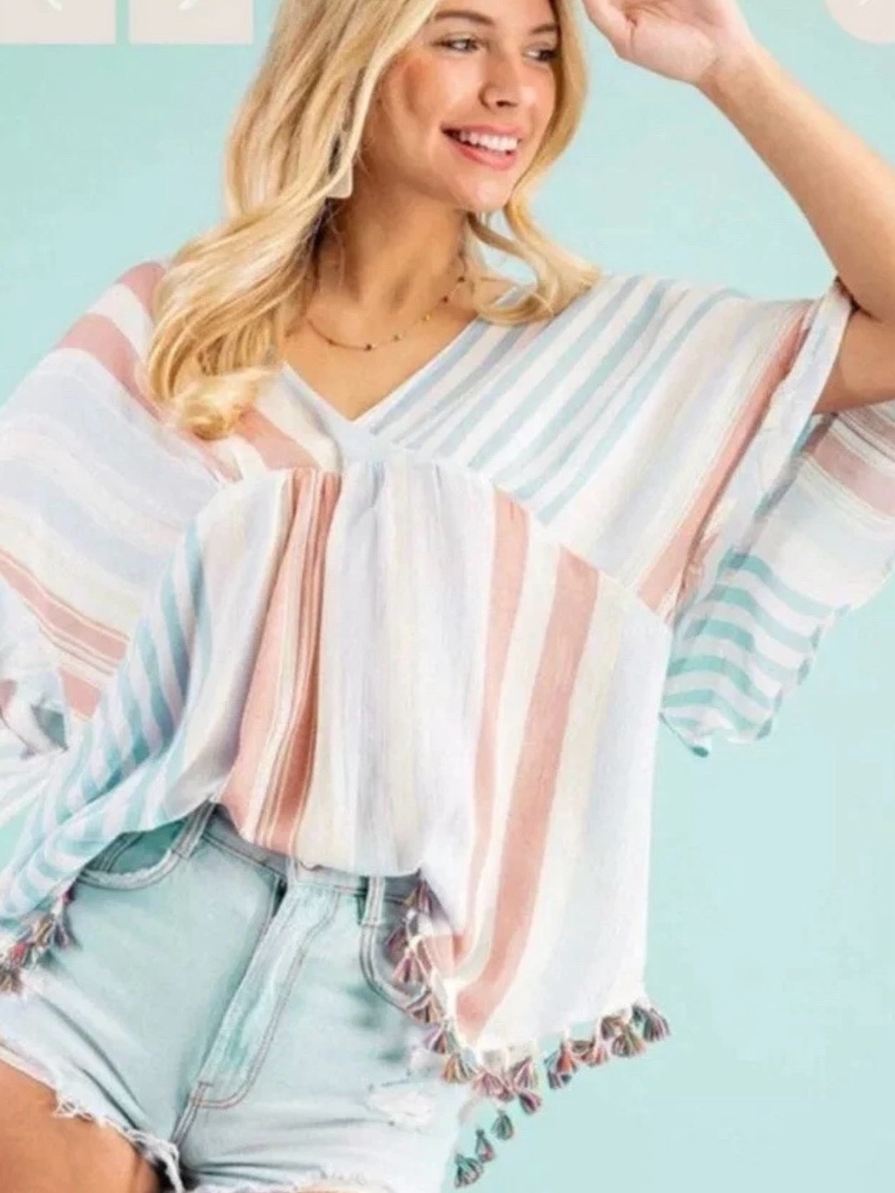 Kori Pastel Striped V-Neck Tassel Tunic or Swimwear Coverup